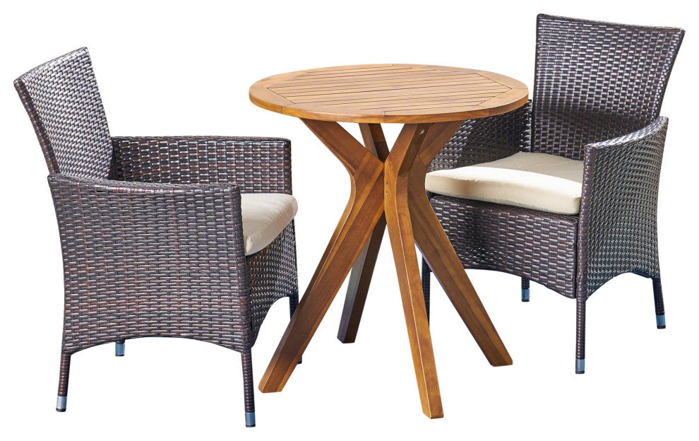 GDF Studio 3-Piece Poe Outdoor Teak Acacia& Wicker Bistro Set, Teak/Multi Brown