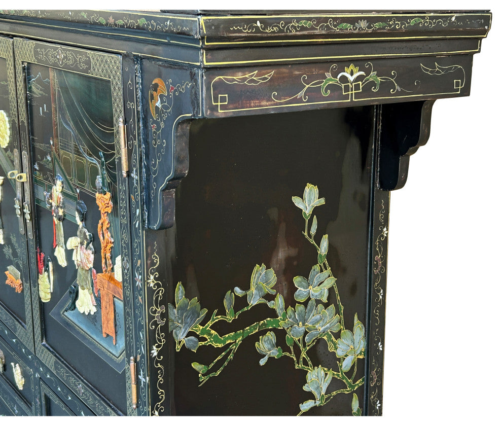 Vintage Chinoiseries Black Stone Inlay Graphic Credenza Storage Cabinet Hws4256