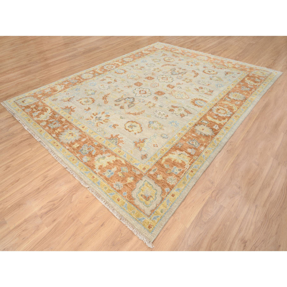 Tan Color, Oushak Design Pure Wool Hand Knotted Oriental Rug, 9'1"x11'9"