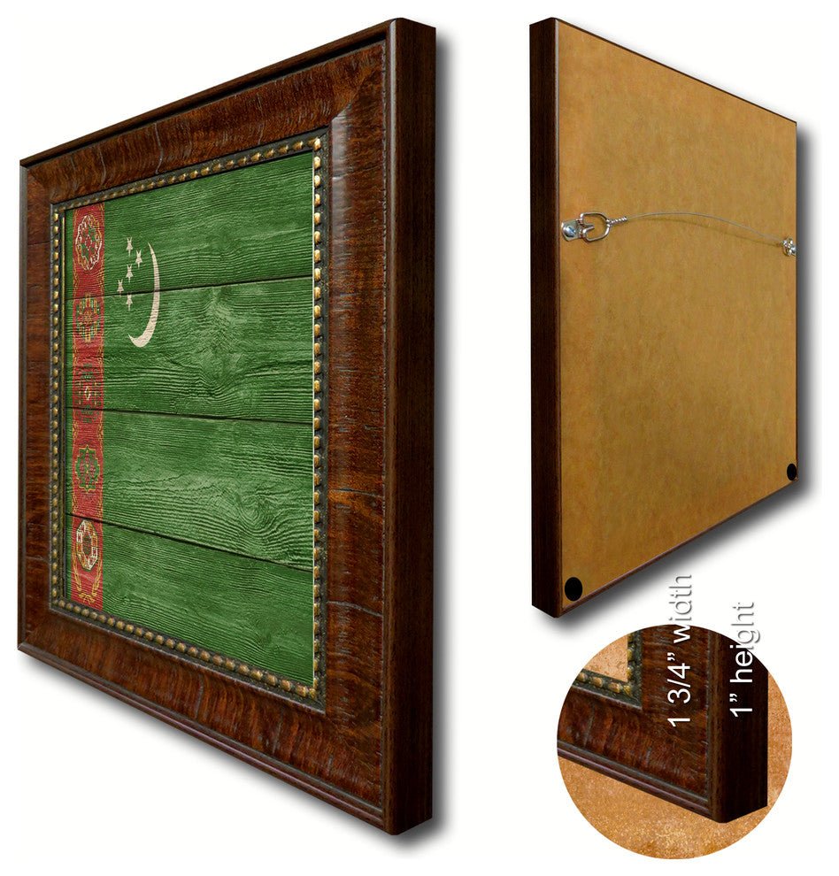Turkmenistan Country Textured Flag Print With Brown Gold Frame, 15"X21"