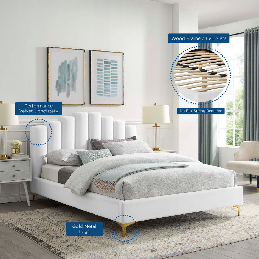 Platform Bed Frame, Queen Size, Velvet, White, Modern Contemporary, Bedroom