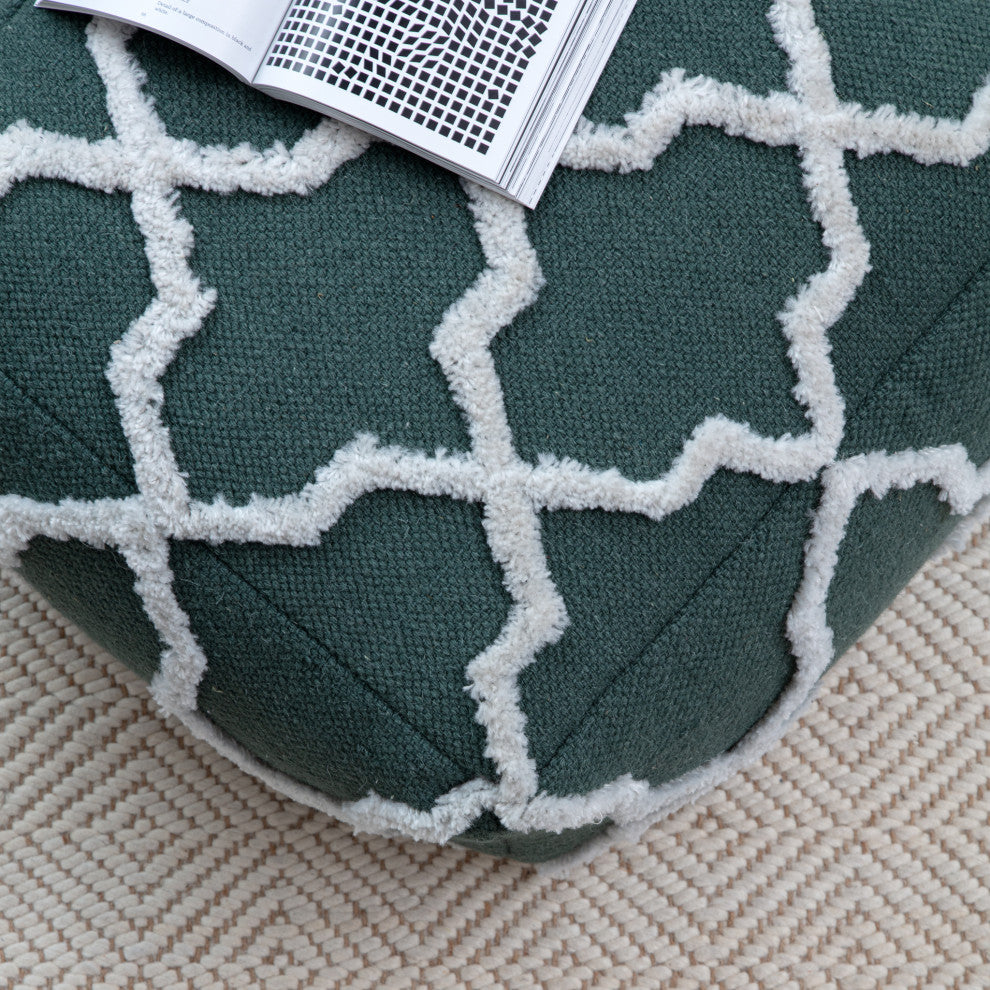 Forest Trail 22" x 22" x 16" Green and Ivory Pouf