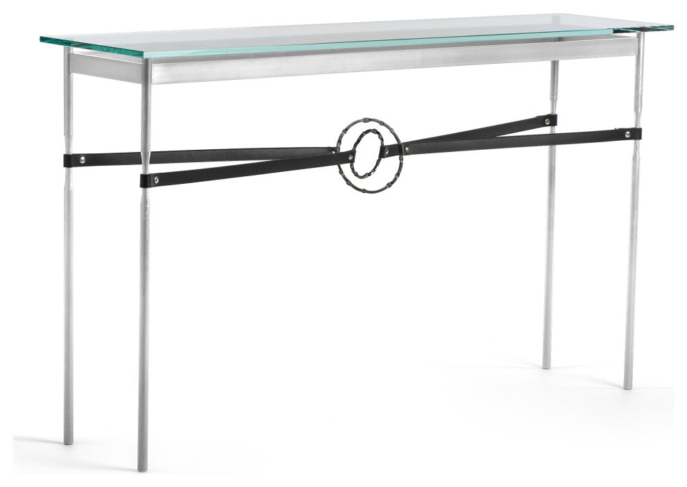 Equus Console Table, Sterling Finish - Dark Smoke Accents - Black Leather Strap