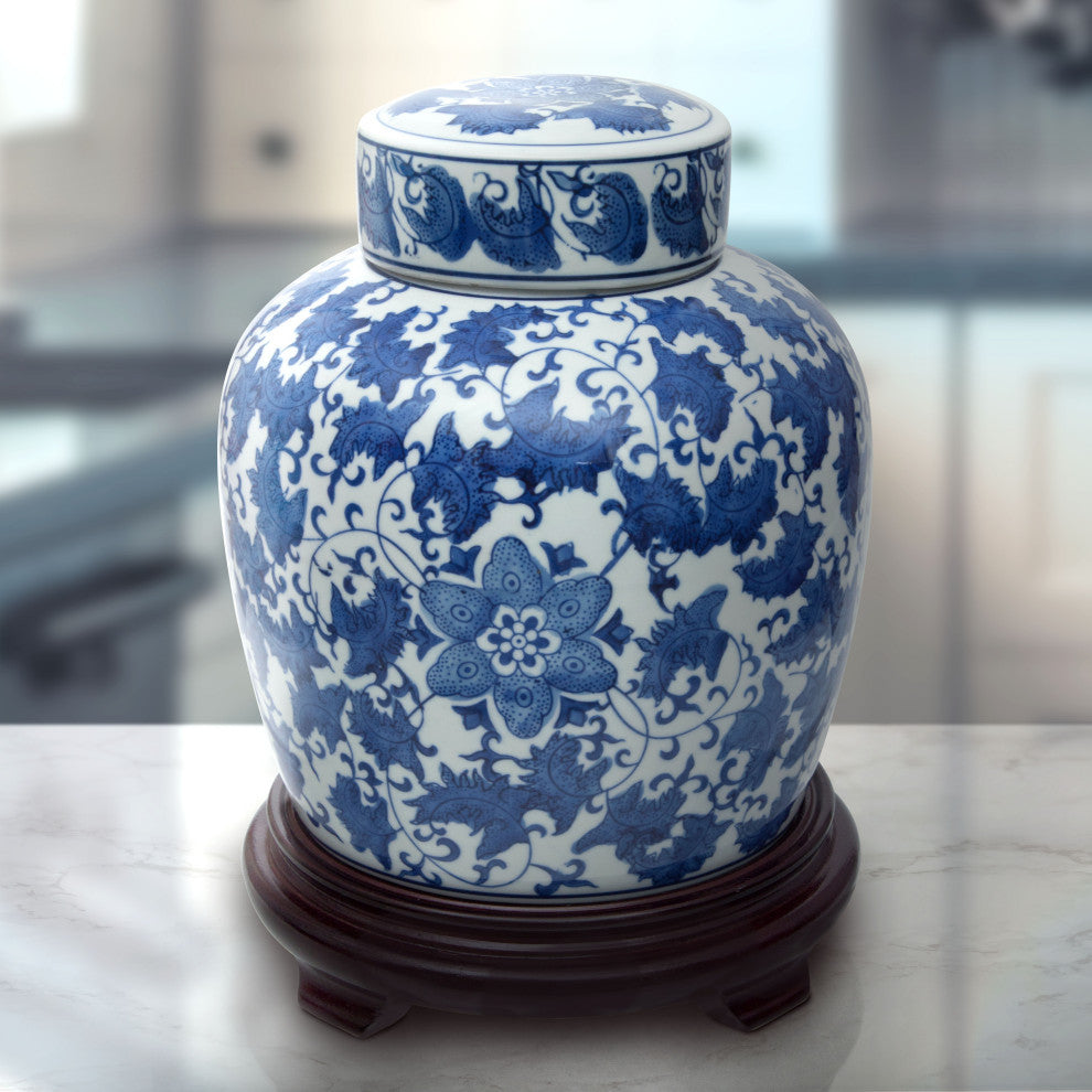 10" Floral Blue and White Porcelain Ginger Jar