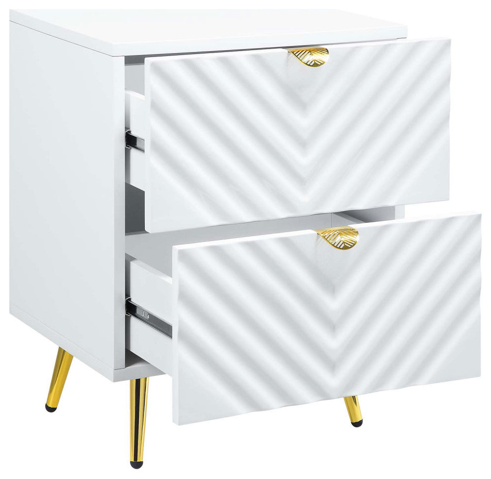 High Gloss Finish Nightstand With 2 Drawers, White