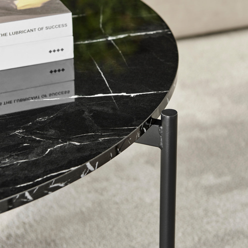 Round Contemporary Marble Finish Veneer Top Black Coffee Table, Black/Black