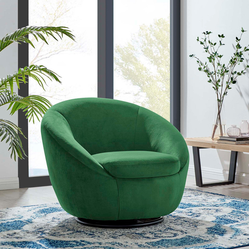 Armchair Swivel Accent Chair, Black Green, Velvet, Modern, Lounge Hospitality
