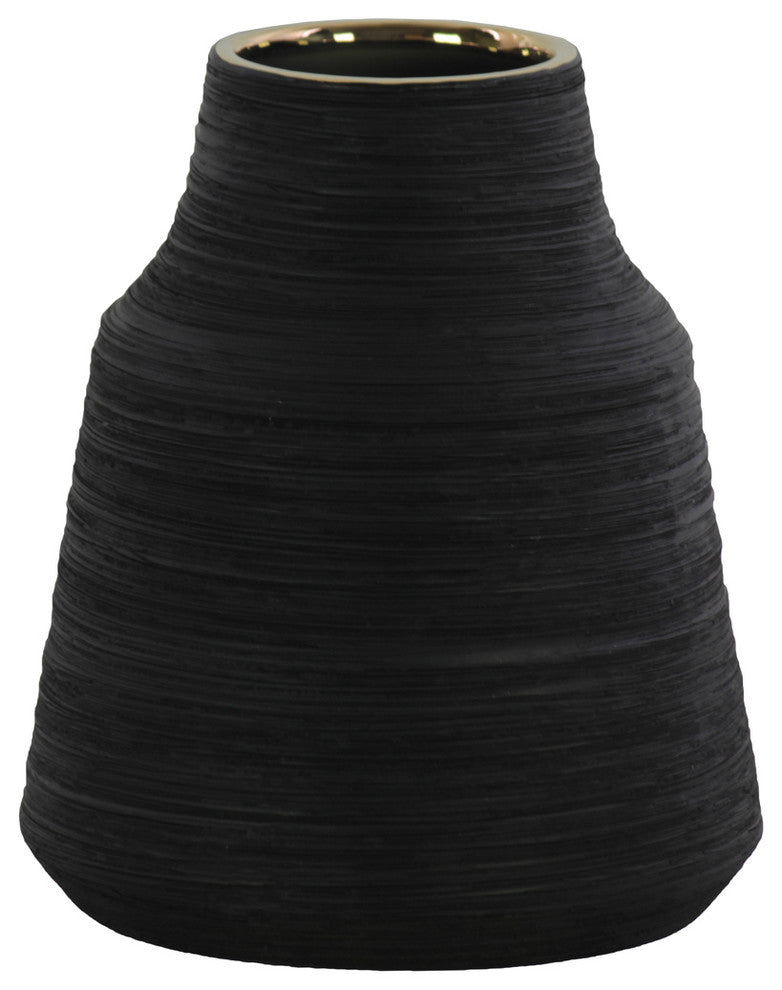 Round Ceramic Vase With Combed Design, Small, Black