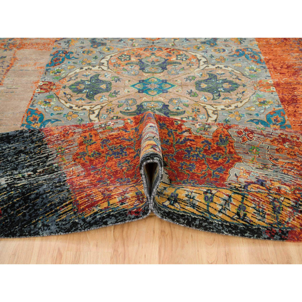 Orange Hand Knotted Ancient Ottoman Erased Design Wool Round Rug 14'x14'