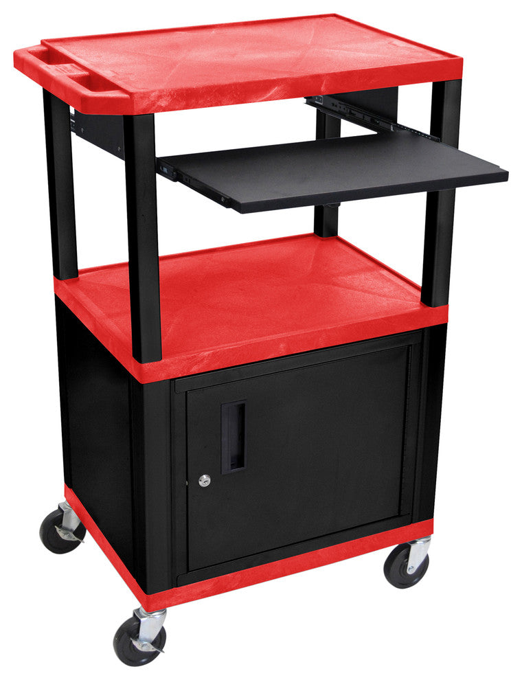 Luxor Tuffy Red 42" 3-Shelf Cart, Black Pullout Shelf, Cabinet, Legs, Electric