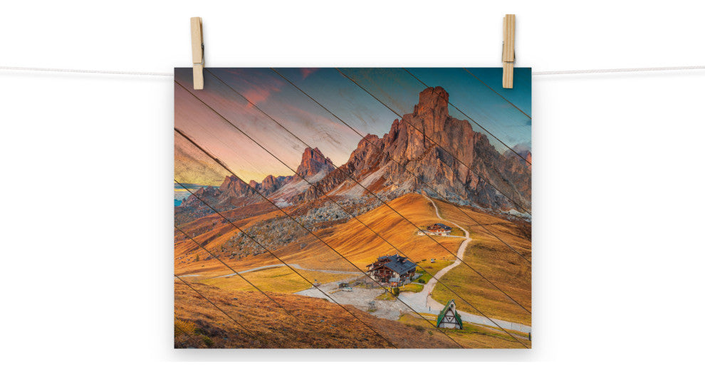 Faux Wood Majestic Sunset & Alpine Mountain Landscape Photo Wall Art Print, 11" X 14"