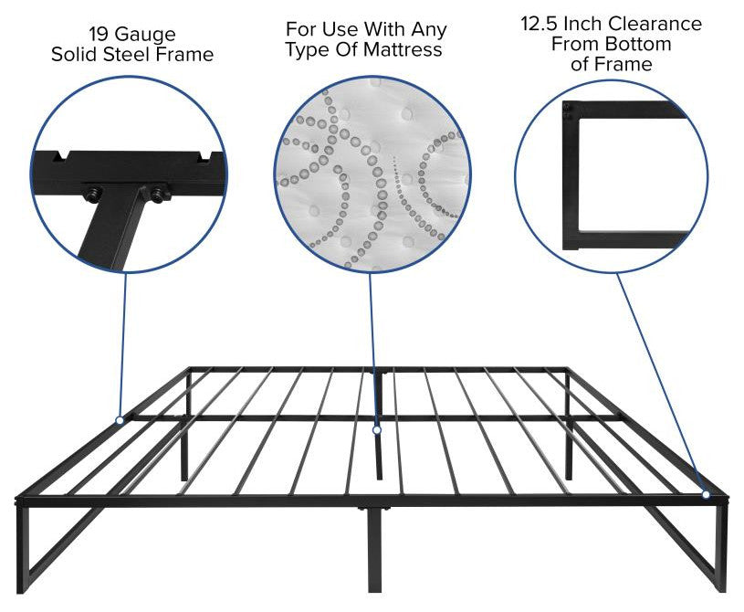 14" Metal Platform Bed Frame, 10" Pocket Spring Mattress & Memory Foam Topper, Black, Queen