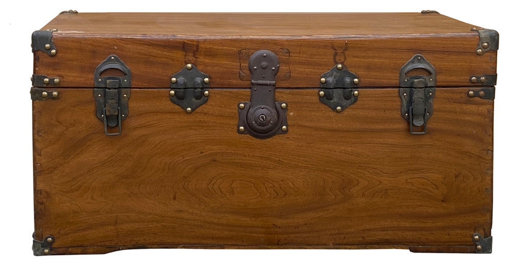 Vintage Oriental Chinese Brown Wood Iron Hardware Trunk Table Hcs7435