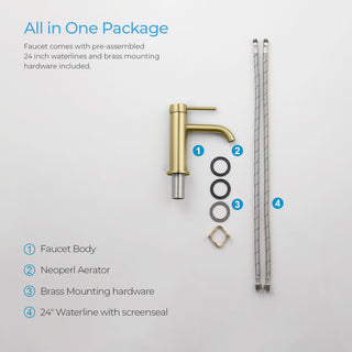 Circular Brass Single Handle Bathroom Faucet KBF1008, Brush Gold, with Drain