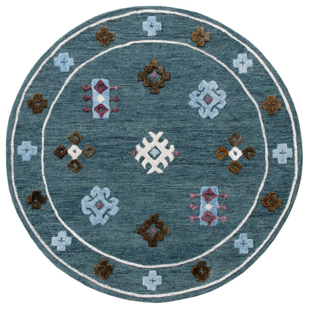 5" Round Blue Bordered Motif Area Rug