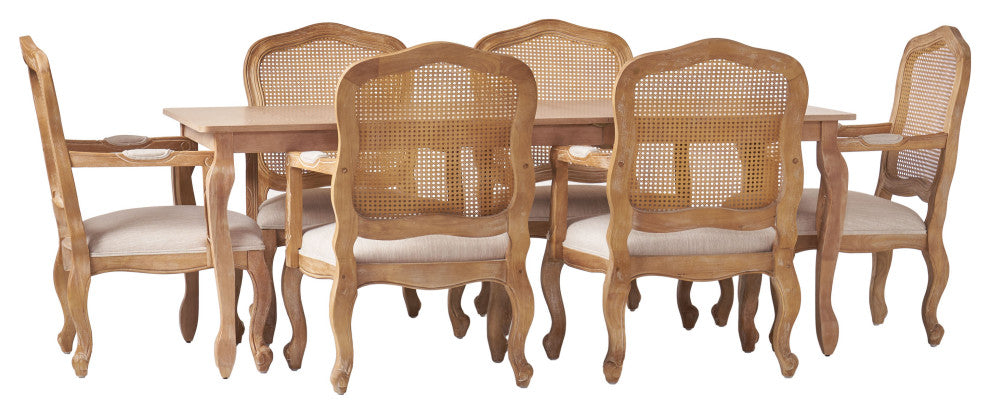 Bonview Fabric Upholstered Wood and Cane Expandable 7-Piece Dining Set, Natural Brown/Beige