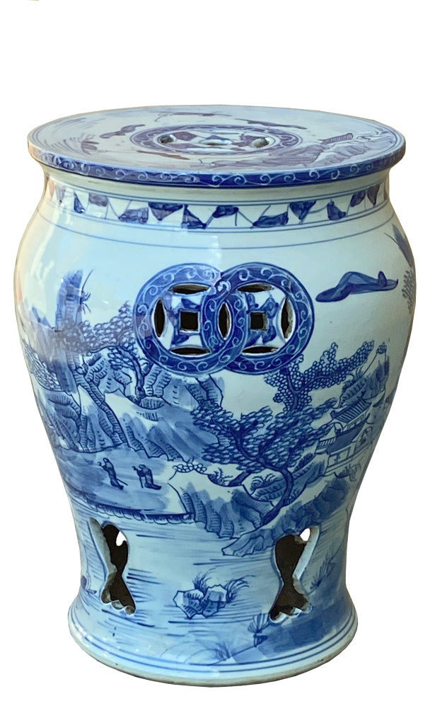 Chinese Blue and White Porcelain Mountain Tree Small Round Stool Table Hcs7405