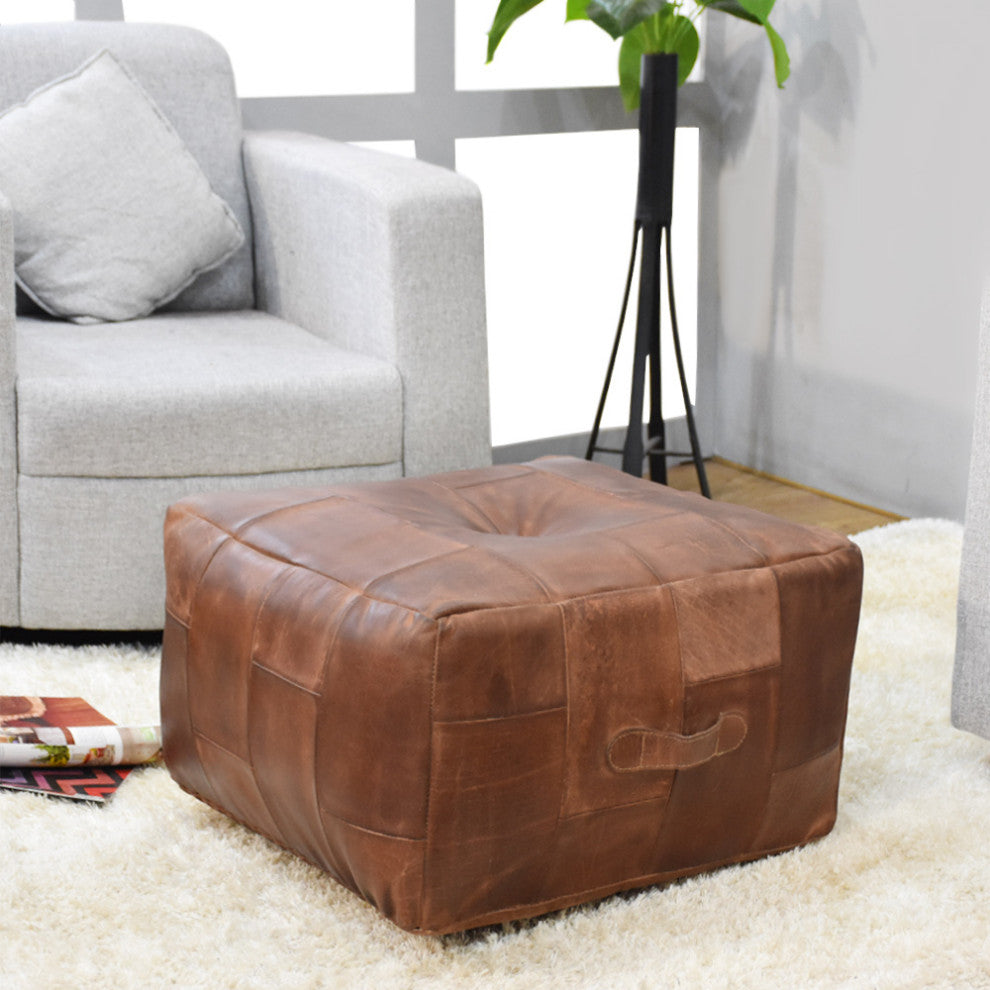 Geometric Handmade Leather Pouf (Recycled Foam with Fibre Fill) Black, [Square] 21x21x12