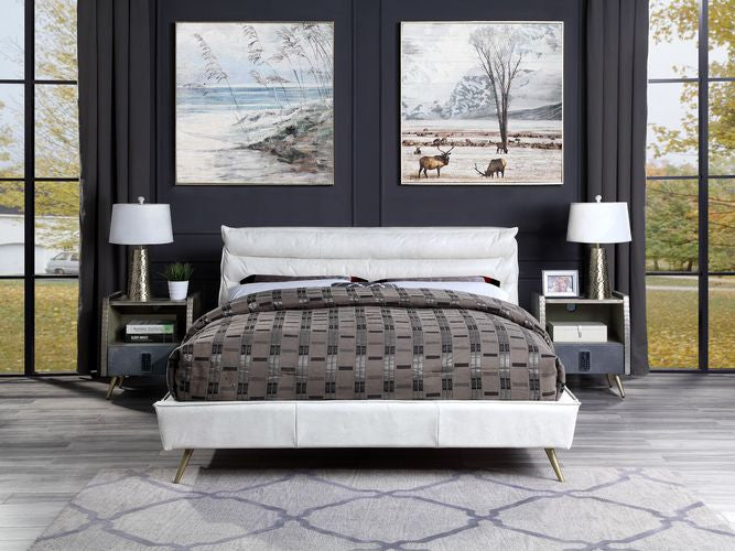 Alexa Top Grain Leather Platform Bed, Vntage White, Queen