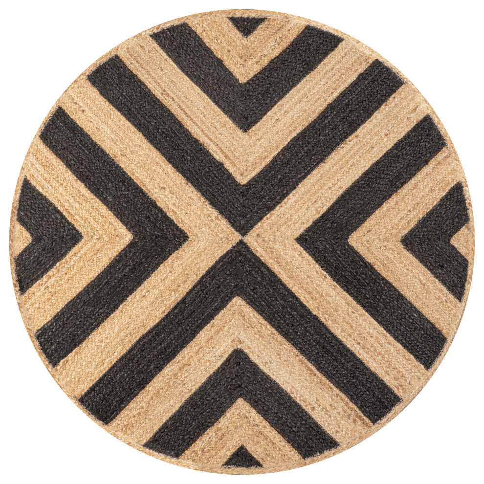 Piper Two-Tone Chevron Round Jute Round Area Rug, Black/Natural, 4' Round