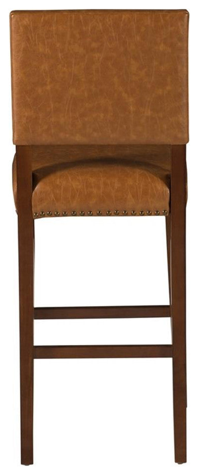Linon Brook 30" Wood Bar Stool Caramel Faux Leather Nailhead Trim in Walnut