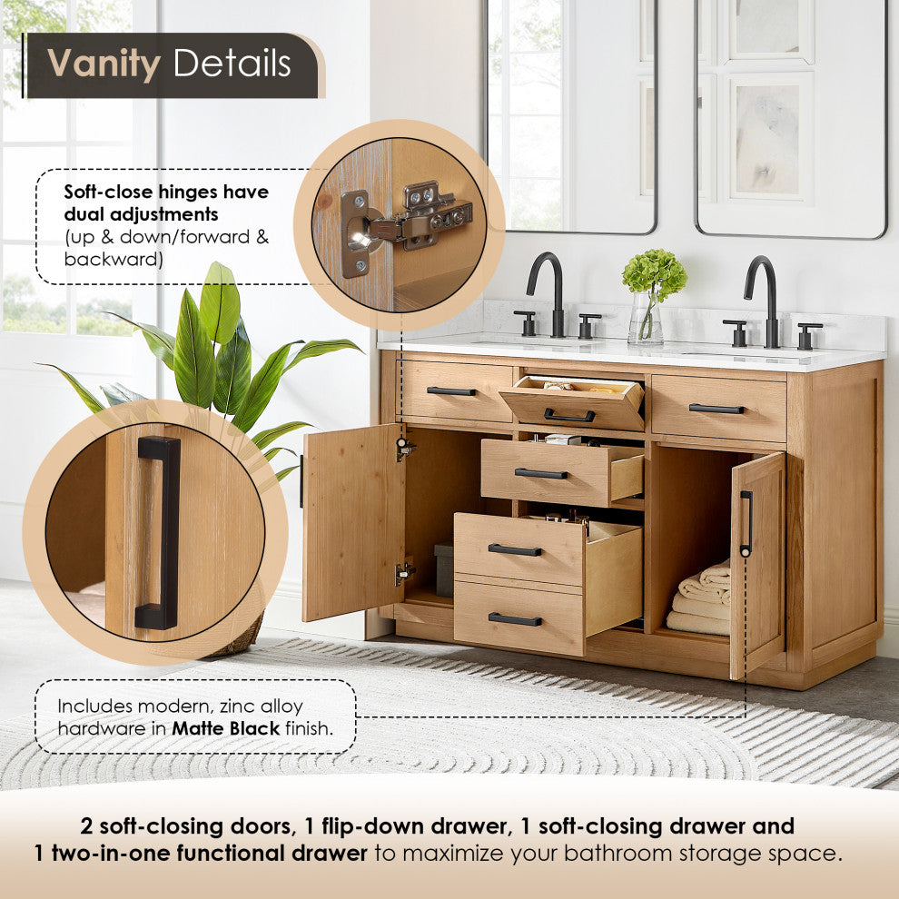Gavino Vanity With Grain White Composite Stone Top, Light Brown/Matte Black, 54", With Mirror