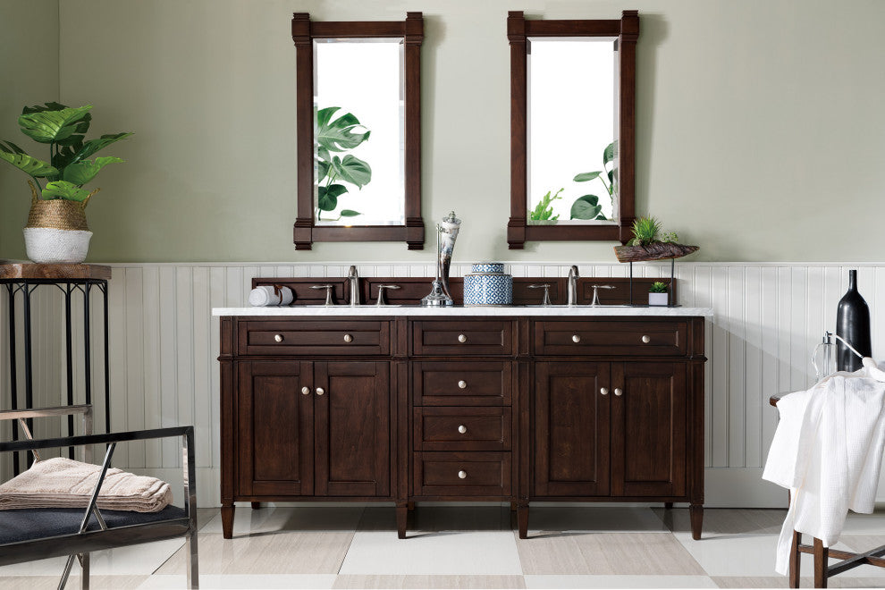 Brittany 72" Burnished Mahogany Double Vanity, Carrara Marble