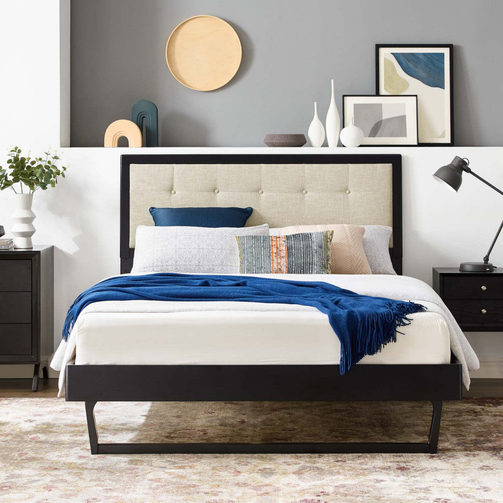 Platform Bed Frame, Full Size, Wood, Black Beige, Modern Mid-Century, Bedroom