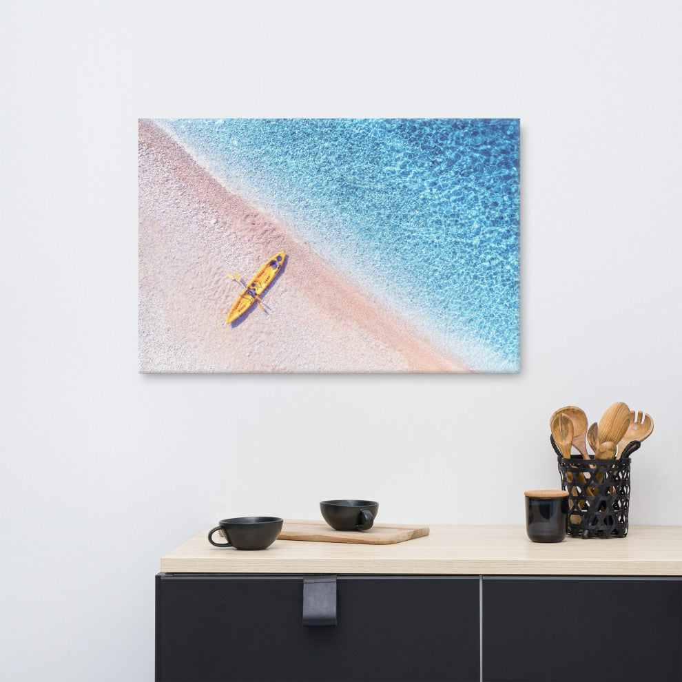 Yellow Canoe and Blue Sea by with Violet Glow Landscape Photo Canvas Art Print, 24" X 36"