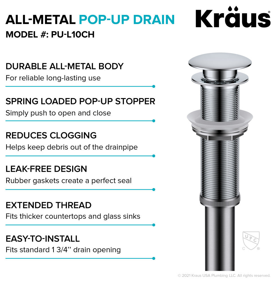 Pop Up Drain With Extended Thread, Chrome