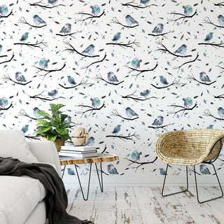 Birds Tree Branches Blue Wallpaper, Sample 12"x8"