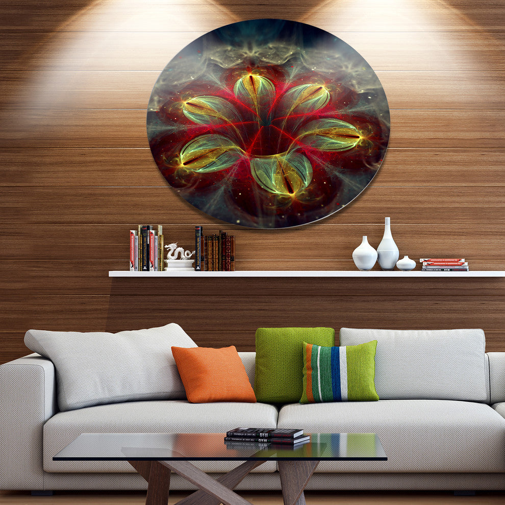 Red Golden Colorful Fractal Design, Modern Floral Round Wall Art, 23"