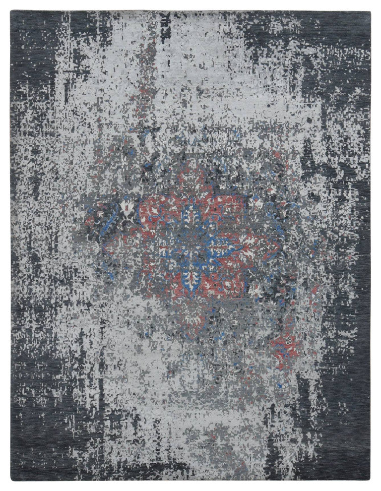Arsenic Gray, Wool and Silk, Erased Heriz Design Hand Knotted Rug, 9'2"x12'