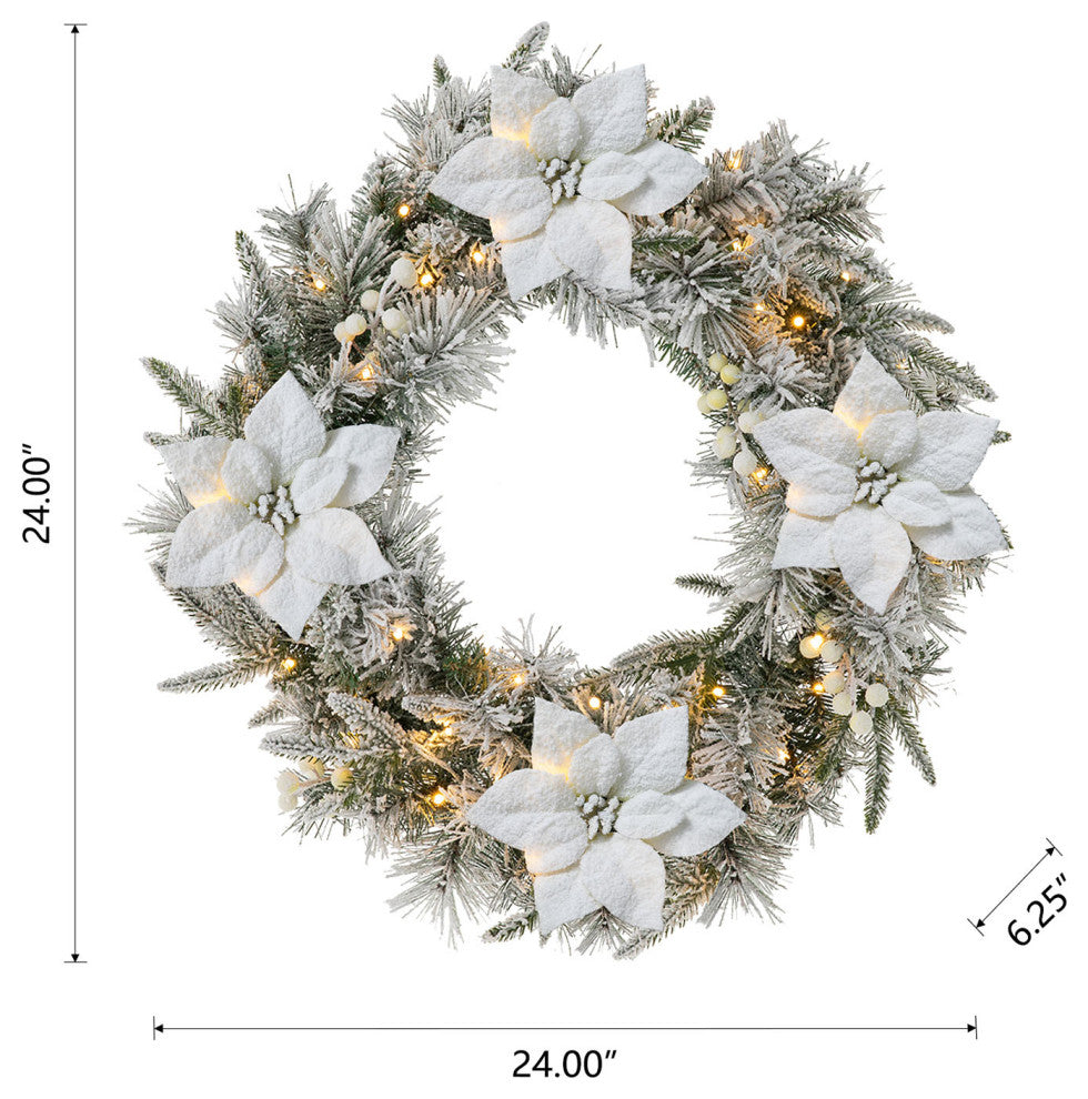 24"D Pre-Lit Snow Flocked Christmas Wreath and Matched 2-Pack 9' Garland Set