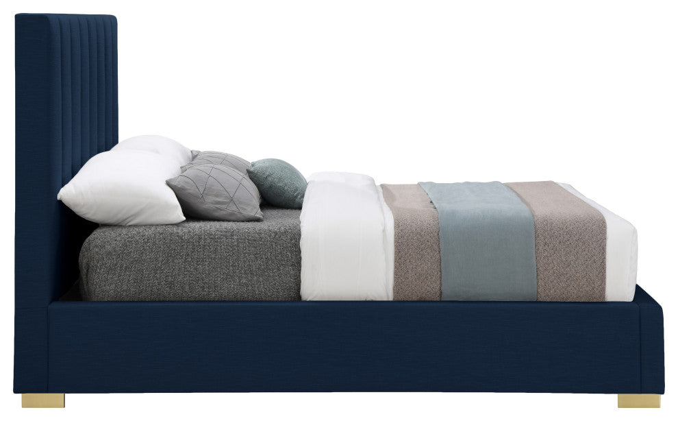 Pierce Linen Textured Fabric Upholstered Bed, Navy, Full