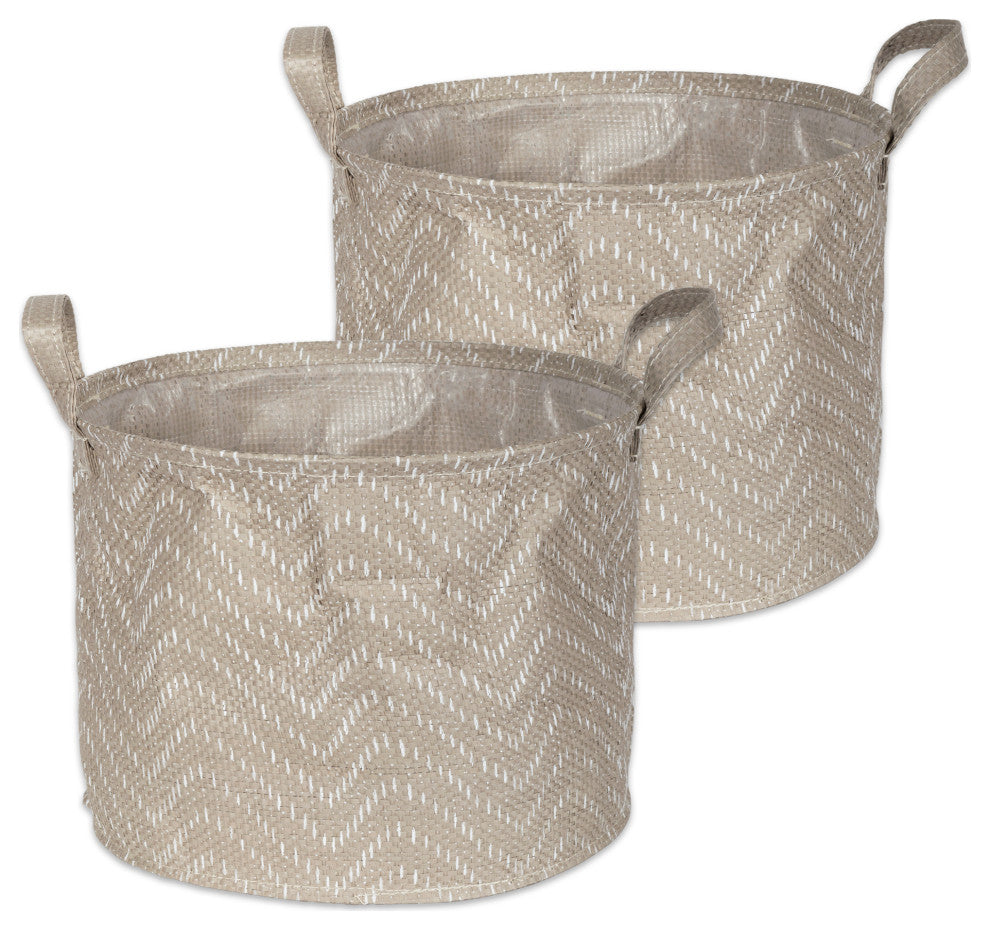 Woven Paper Laundry Bin Tribal Chevron Stone/Cream Round Small, Set of 2