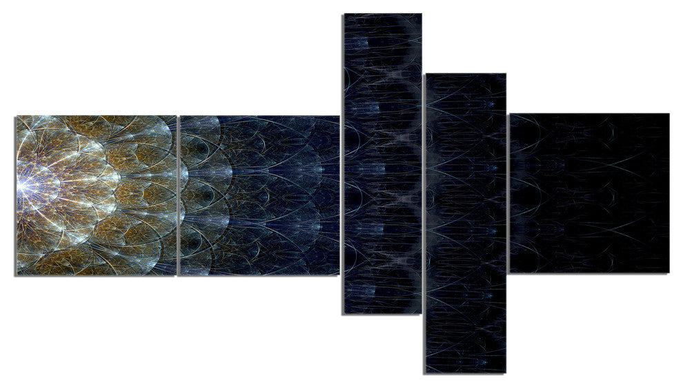 Symmetrical Blue Silver Fractal Flower, Abstract Canvas Print, 60"x32", 5 panels