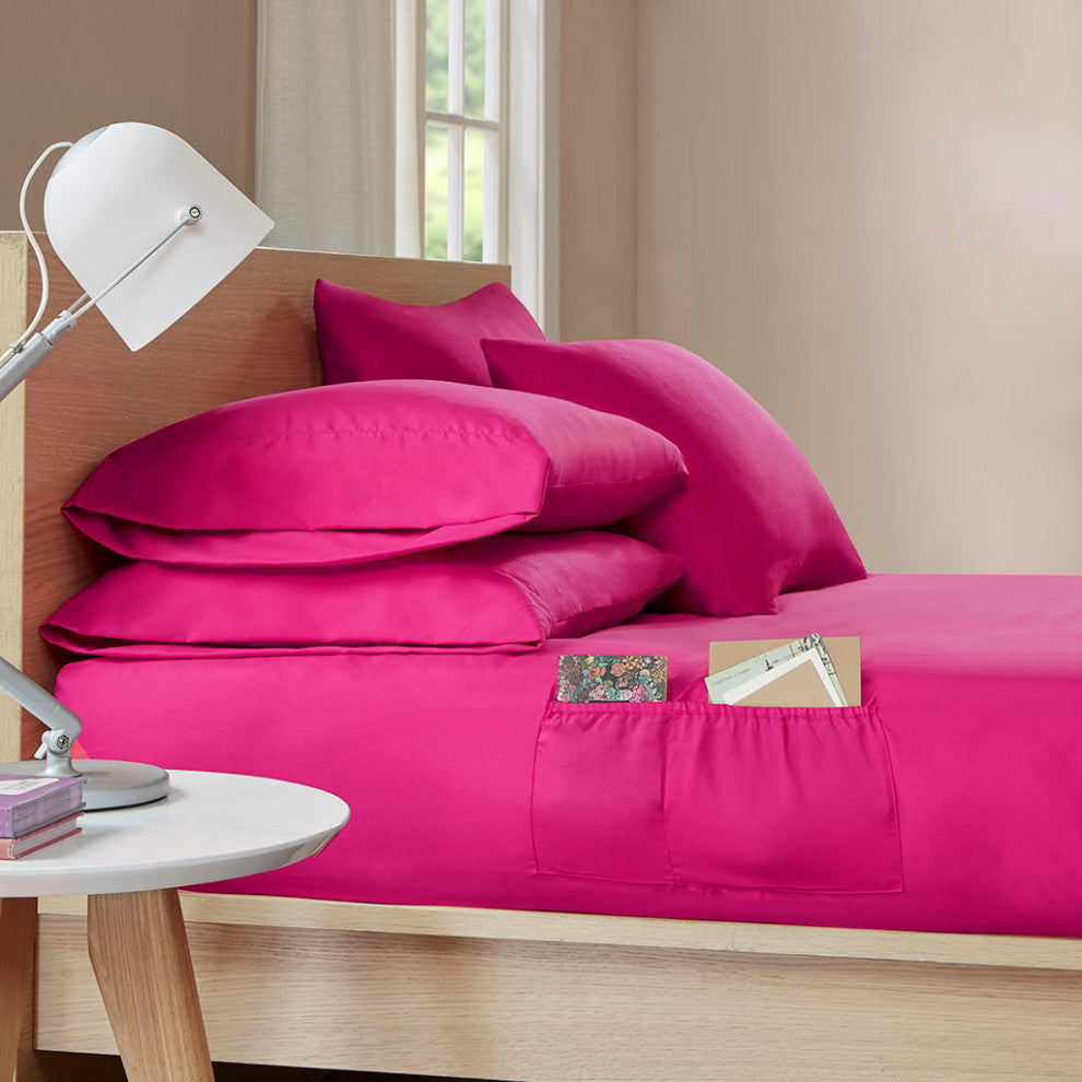 Intelligent Design Microfiber Sheet Set With Side Storage Pockets, Pink