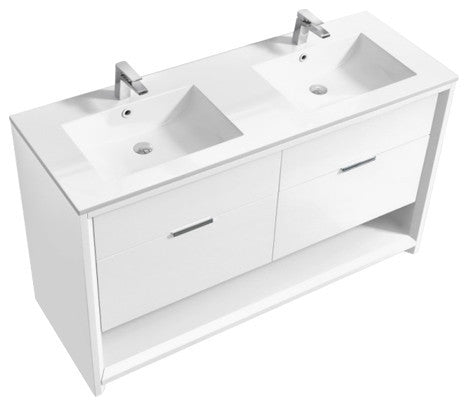 KubeBath Nudo 60'' Double Sink Floor Mount Modern Bathroom Vanity, Gloss White