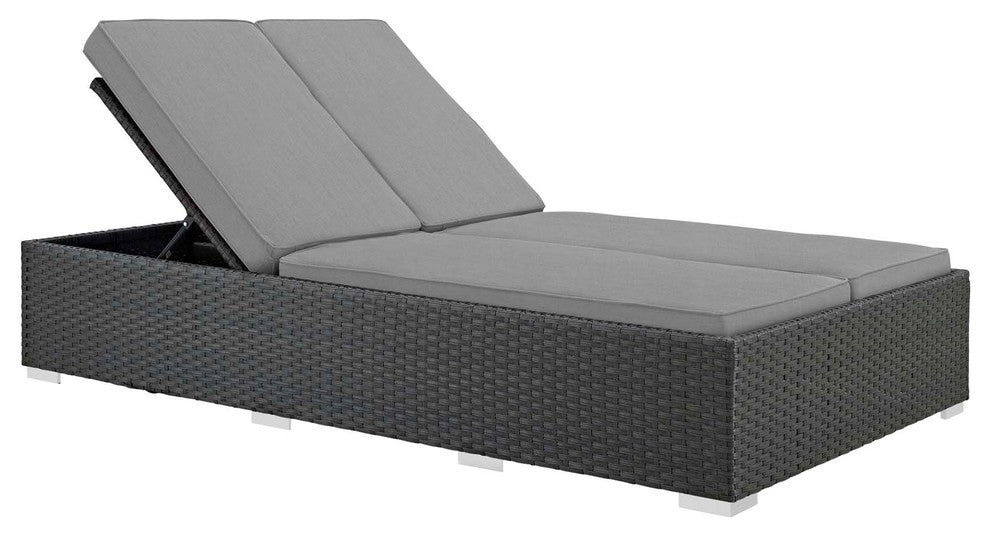 Modern Outdoor Lounge Chair Chaise, Sunbrella Rattan Wicker, Multi/Gray
