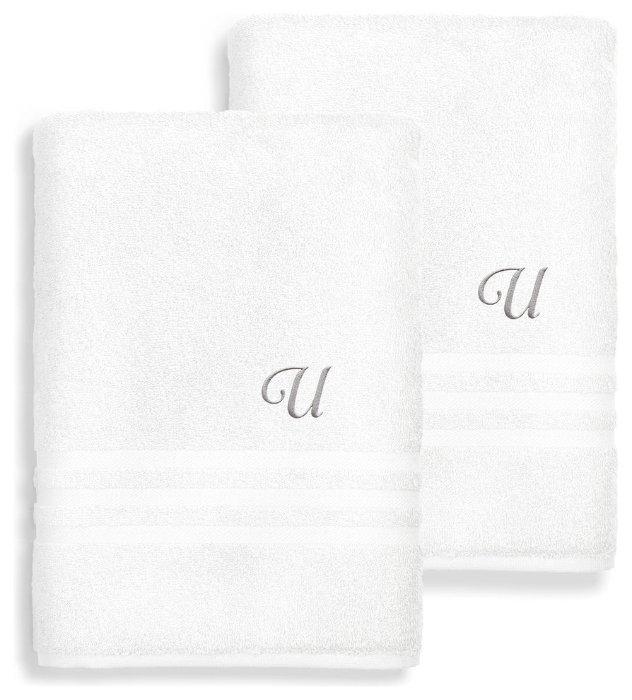 Denzi Bath Towels With Monogrammed Letter, Set of 2, U
