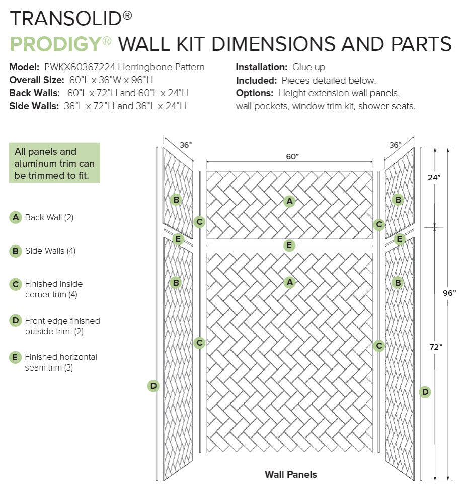Transolid PWKX60367224-440 Prodigy 60"x36"x96" Shower Wall Kit Grey Herringbone