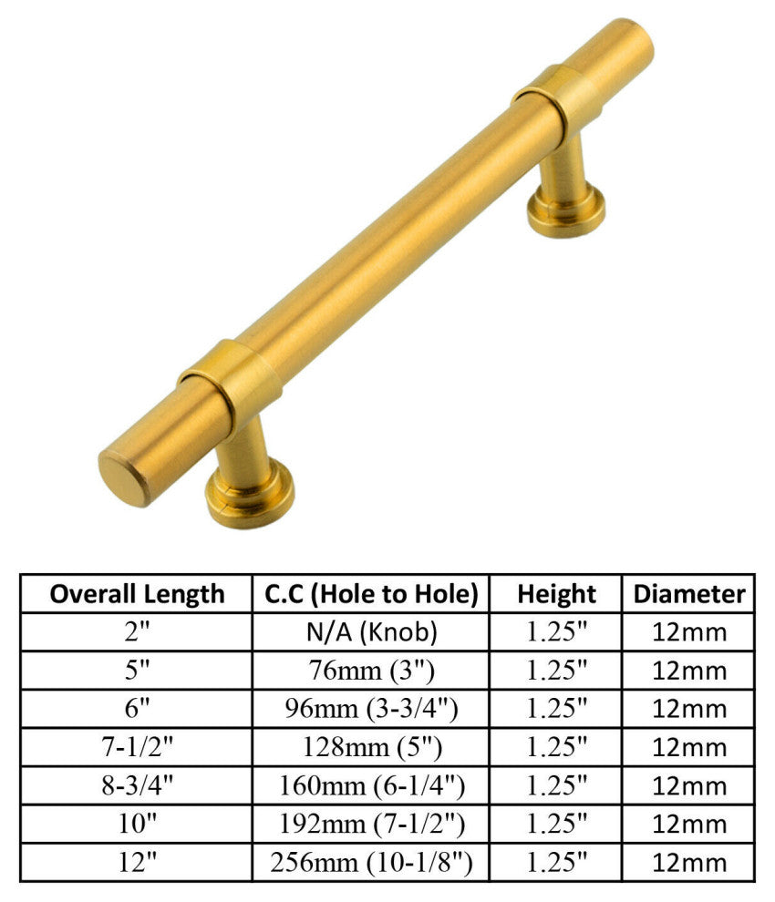 Satin Brass Gold Handle Pull 6-1/4" (160mm) Hole Centers, 8-3/4" Length