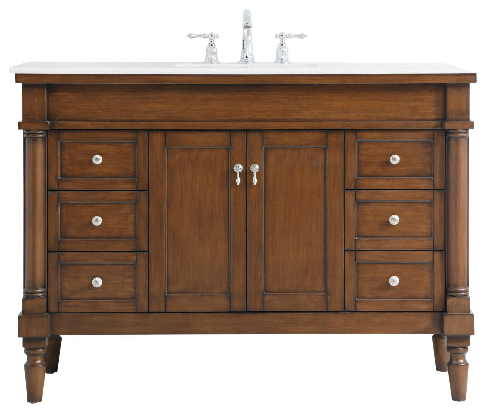 48" Single Bathroom Vanity, Walnut With Ivory White Engineered Marble
