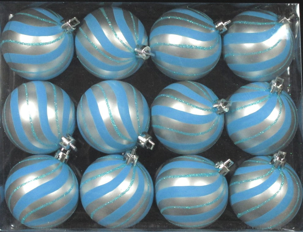 Aqua Ball Ornament With Aqua Sprial Design, 12-Pack