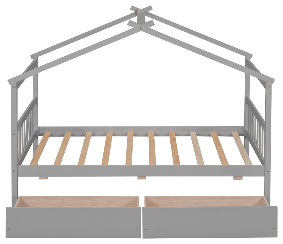 Gewnee Twin Size Wooden House Bed with Drawers, Gray