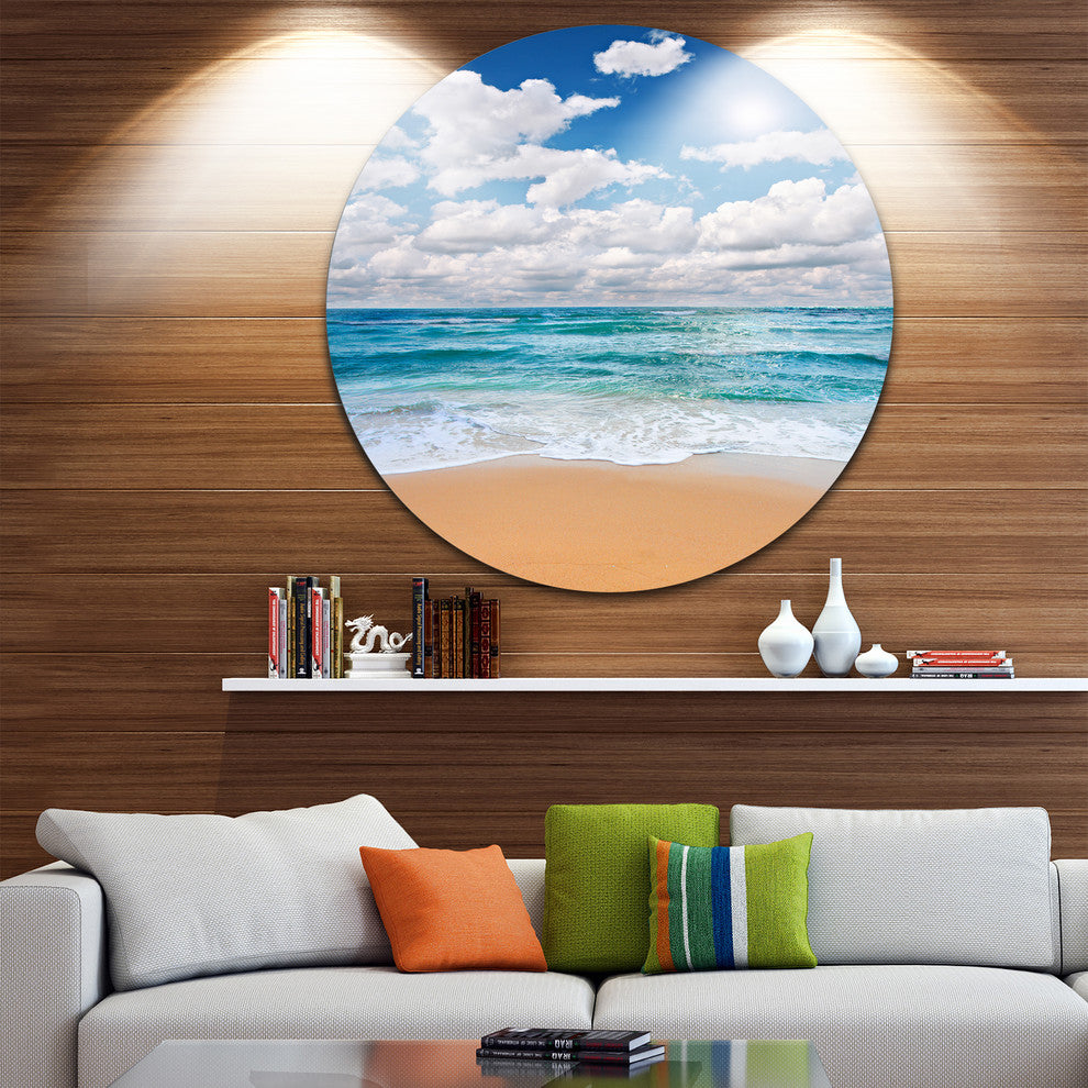 Peaceful Seashore Under White Clouds, Modern Beach Round Wall Art, 23"