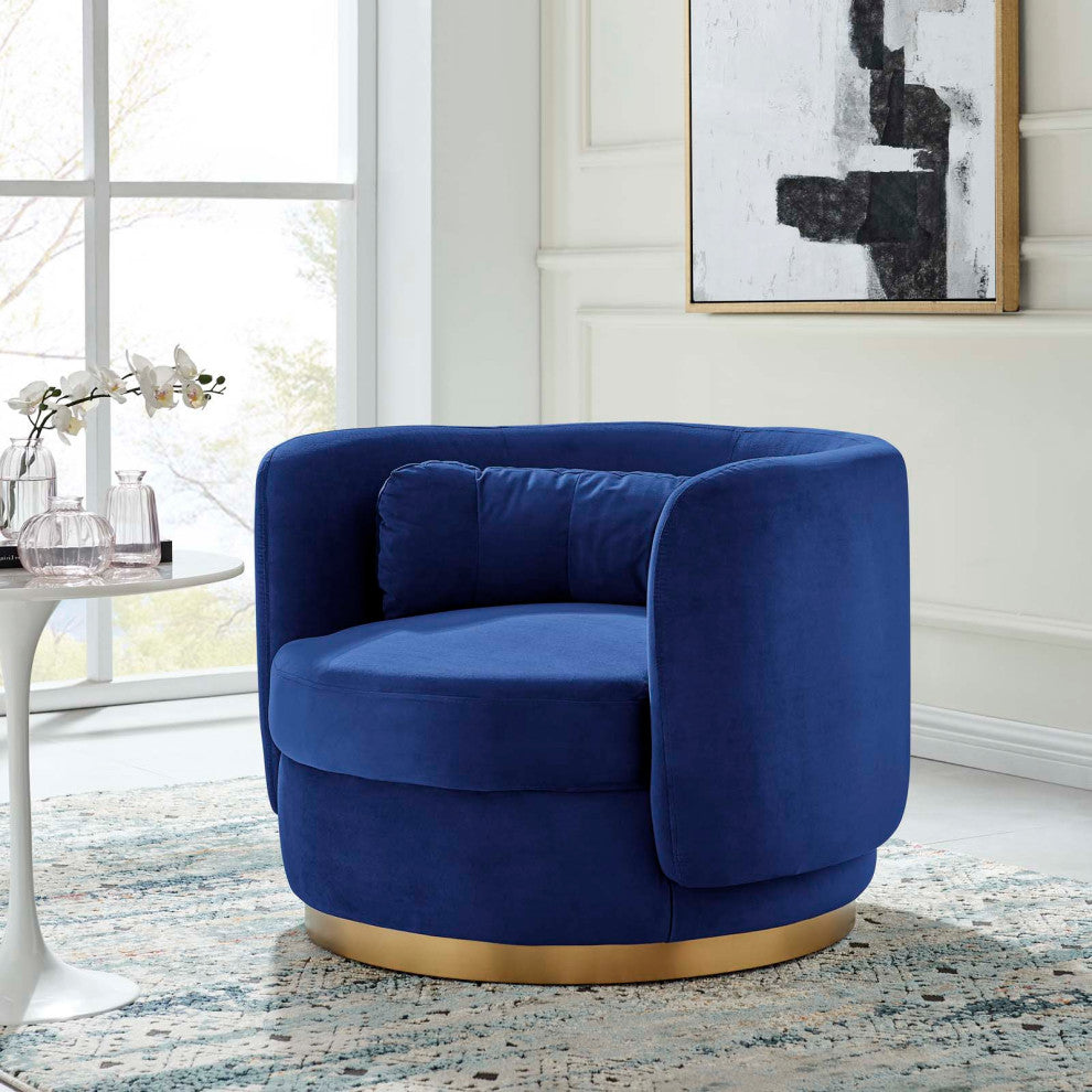Armchair Swivel Accent Chair, Navy Gold, Velvet, Modern, Lounge Hospitality
