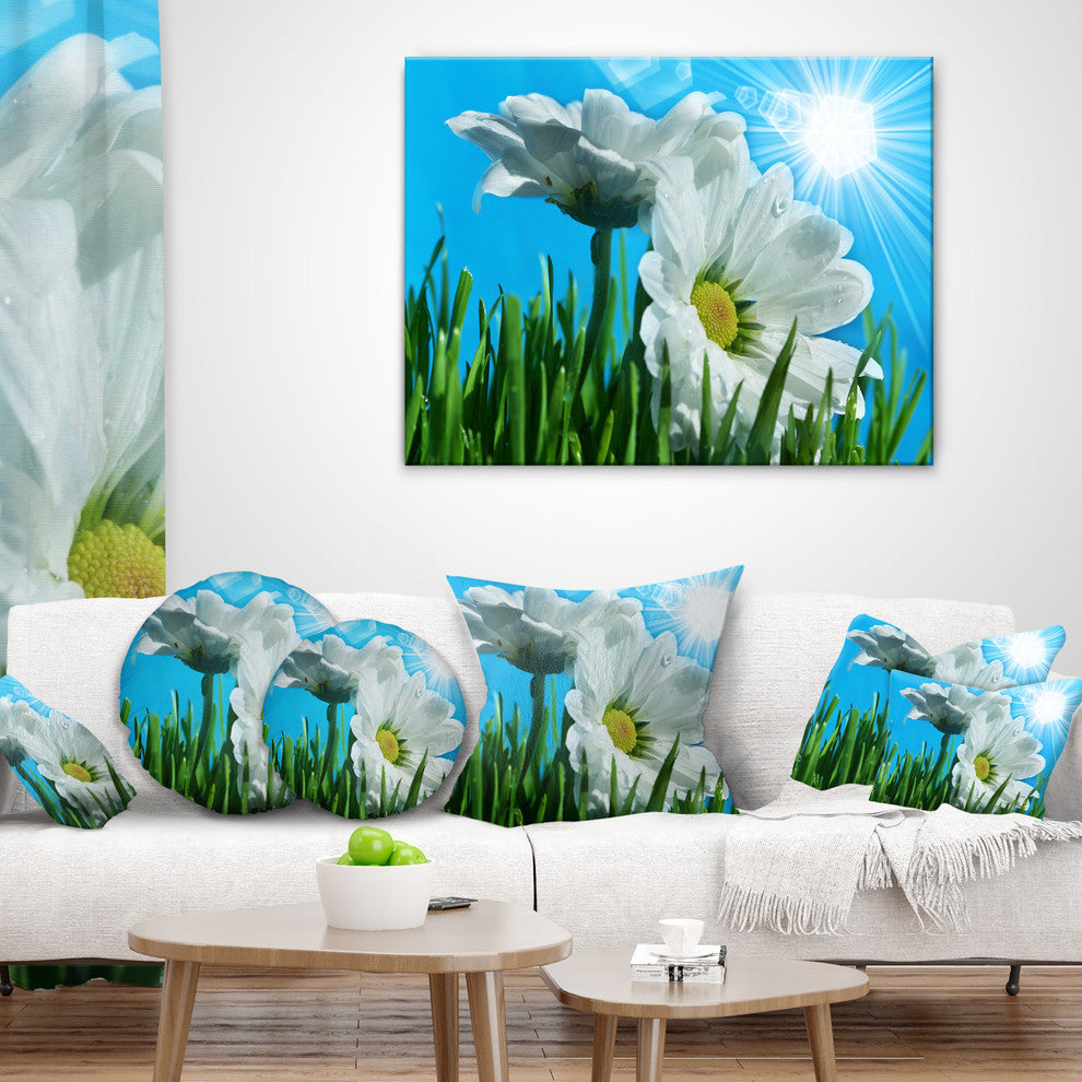 Beautiful Chamomiles in Bright Sunlight Floral Throw Pillow, 18"x18"
