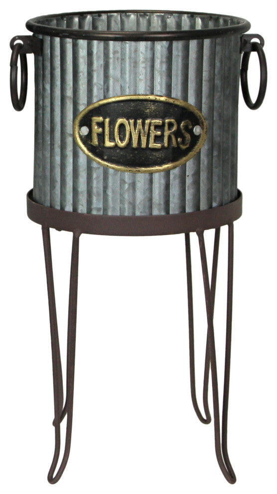 Set of 2 Rustic Galvanized Metal Round Flower Pot Garden Planters With Stands